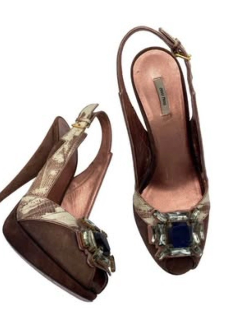 🤎 Miu Miu Brown and Metallic Embellished Slingback Platform Heels